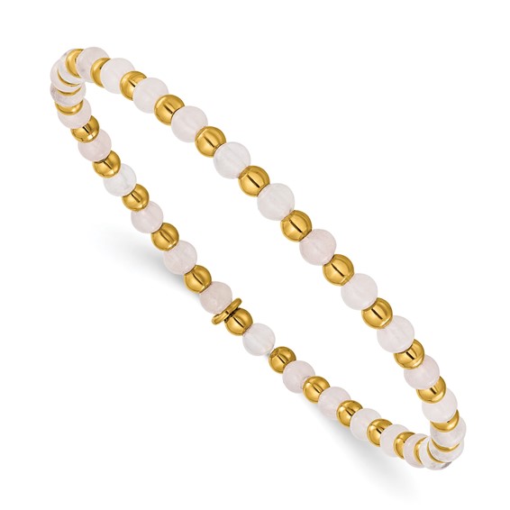 Chisel Stainless Steel Polished Yellow IP-plated 3mm Pink Quartz Beaded 6.25 inch Stretch Bracelet