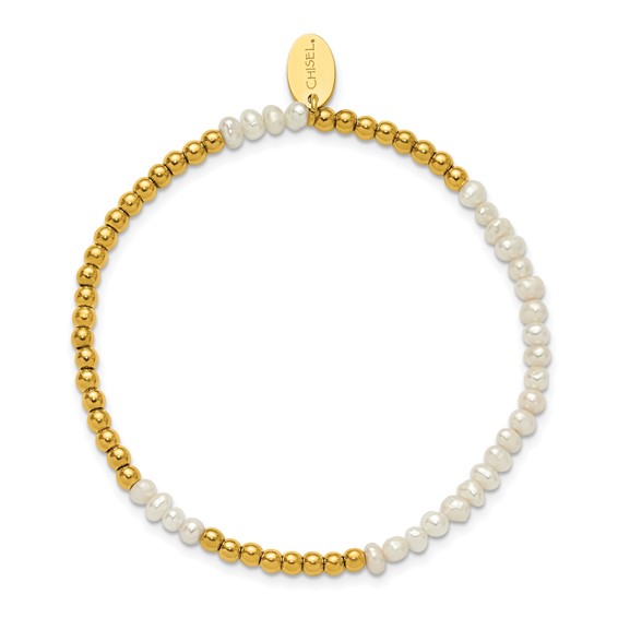 Chisel Stainless Steel Polished Yellow IP-plated 3mm White Freshwater Cultured Pearl Beaded 6.5 inch Stretch Bracelet