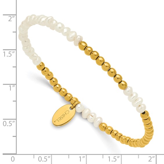 Chisel Stainless Steel Polished Yellow IP-plated 3mm White Freshwater Cultured Pearl Beaded 6.5 inch Stretch Bracelet