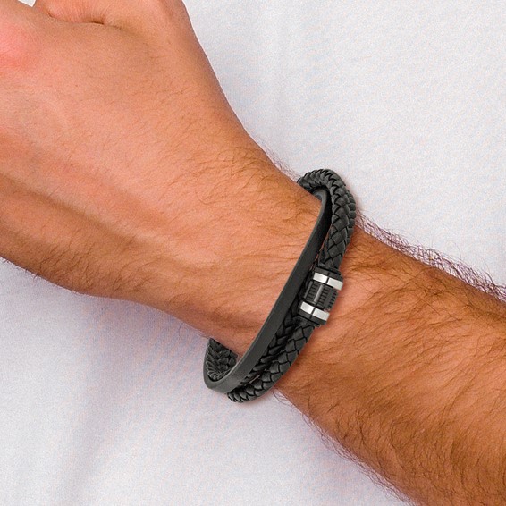 Chisel Stainless Steel Polished Black Leather Multi Strand 8.5 inch Bracelet