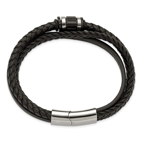 Chisel Stainless Steel Polished Black Leather Multi Strand 8.5 inch Bracelet