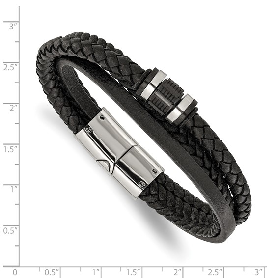 Chisel Stainless Steel Polished Black Leather Multi Strand 8.5 inch Bracelet