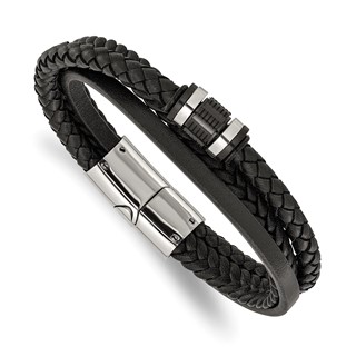 Chisel Stainless Steel Polished Black Leather Multi Strand 8.5 inch Bracelet