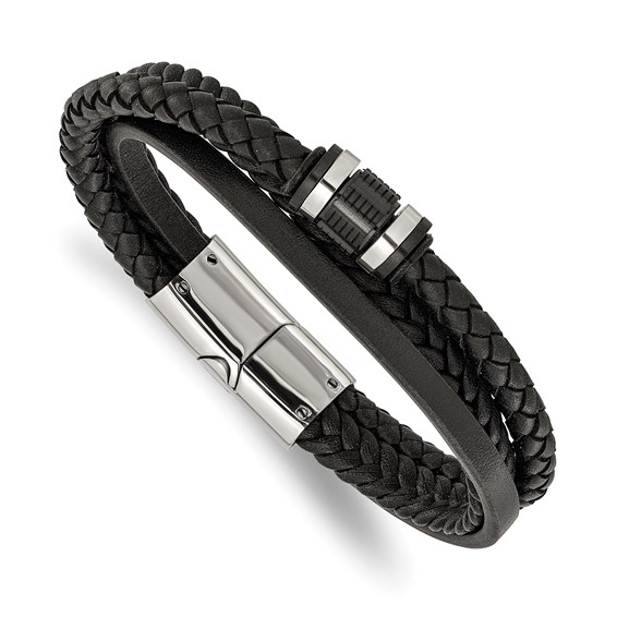 Chisel Stainless Steel Polished Black Leather Multi Strand 8.5 inch Bracelet