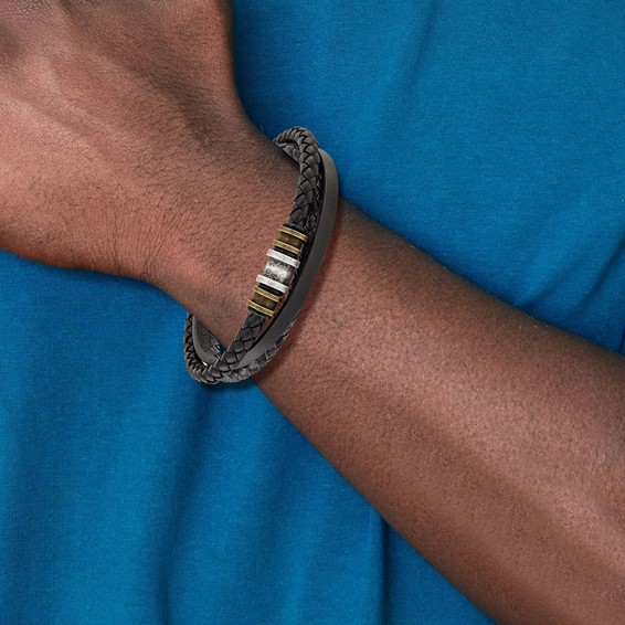 Chisel Stainless Steel Antiqued and Brushed Black Braided Leather Multi Strand 8.5 inch Bracelet