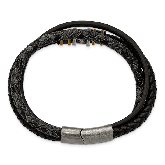 Chisel Stainless Steel Antiqued and Brushed Black Braided Leather Multi Strand 8.5 inch Bracelet