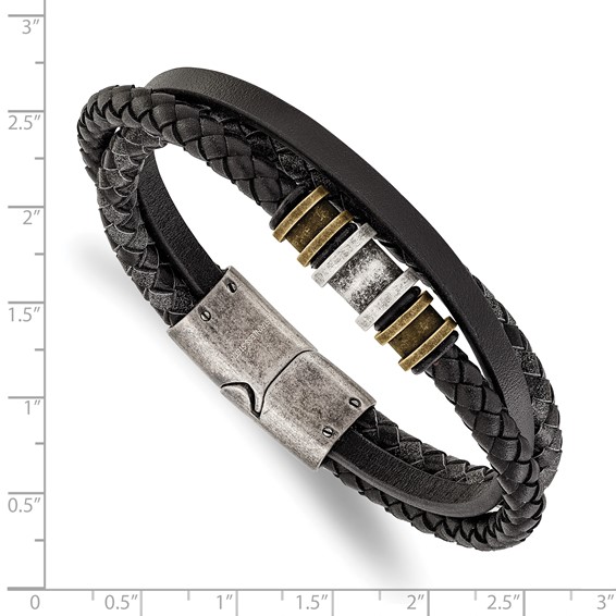 Chisel Stainless Steel Antiqued and Brushed Black Braided Leather Multi Strand 8.5 inch Bracelet
