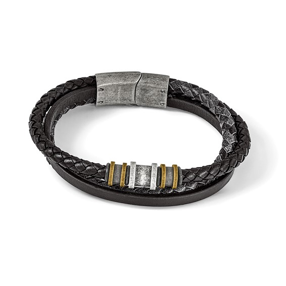 Chisel Stainless Steel Antiqued and Brushed Black Braided Leather Multi Strand 8.5 inch Bracelet
