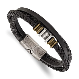 Chisel Stainless Steel Antiqued and Brushed Black Braided Leather Multi Strand 8.5 inch Bracelet