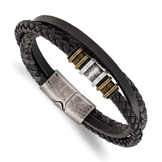 Chisel Stainless Steel Antiqued and Brushed Black Braided Leather Multi Strand 8.5 inch Bracelet