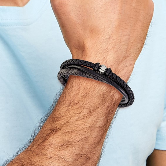 Chisel Stainless Steel Polished Black Braided Leather Multi Strand 8.5 inch Bracelet