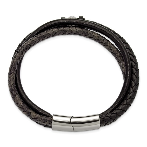 Chisel Stainless Steel Polished Black Braided Leather Multi Strand 8.5 inch Bracelet