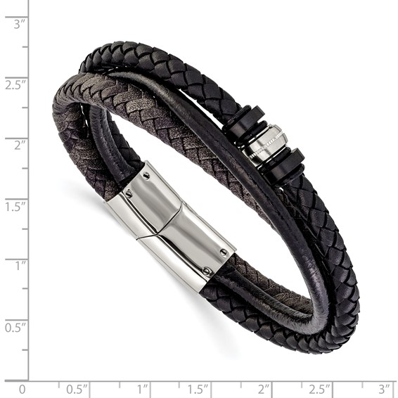 Chisel Stainless Steel Polished Black Braided Leather Multi Strand 8.5 inch Bracelet