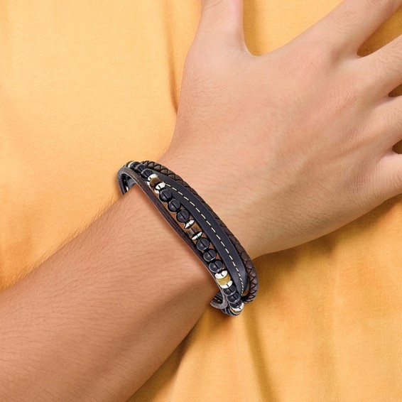 Chisel Stainless Steel Polished Onyx and Tiger Eye Beaded Black and Brown Leather Multi Strand 8 inch Plus .5 inch Extension Bracelet