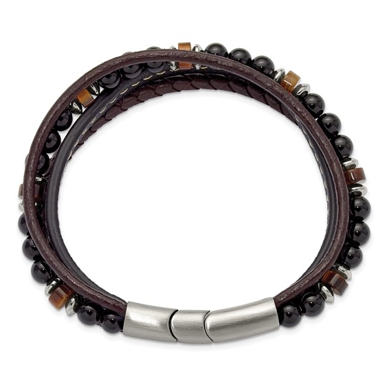 Chisel Stainless Steel Polished Onyx and Tiger Eye Beaded Black and Brown Leather Multi Strand 8 inch Plus .5 inch Extension Bracelet