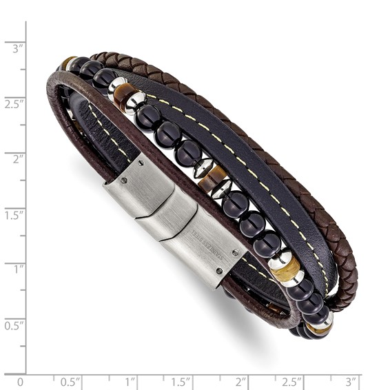 Chisel Stainless Steel Polished Onyx and Tiger Eye Beaded Black and Brown Leather Multi Strand 8 inch Plus .5 inch Extension Bracelet