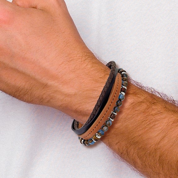 Chisel Stainless Steel Polished Blue Golden and Tiger's Eye Beaded Black and Brown Leather Multi Strand 8 inch Plus .5 inch Extension Bracelet