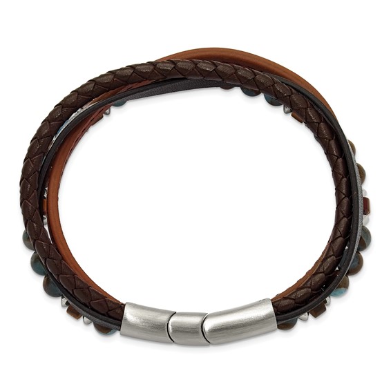 Chisel Stainless Steel Polished Blue Golden and Tiger's Eye Beaded Black and Brown Leather Multi Strand 8 inch Plus .5 inch Extension Bracelet
