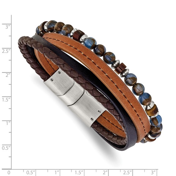 Chisel Stainless Steel Polished Blue Golden and Tiger's Eye Beaded Black and Brown Leather Multi Strand 8 inch Plus .5 inch Extension Bracelet