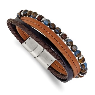 Chisel Stainless Steel Polished Blue Golden and Tiger's Eye Beaded Black and Brown Leather Multi Strand 8 inch Plus .5 inch Extension Bracelet