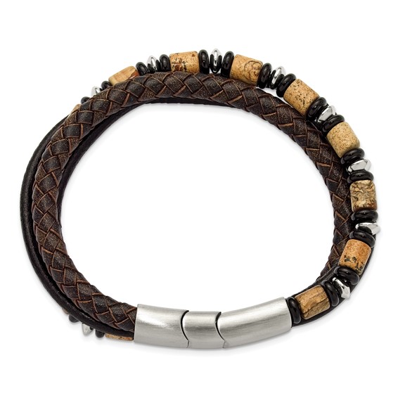 Chisel Stainless Steel Polished Onyx and Picture Jasper Beaded Black and Brown Leather Multi Strand 8 inch Plus .5 inch Extension Bracelet