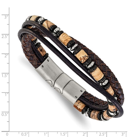 Chisel Stainless Steel Polished Onyx and Picture Jasper Beaded Black and Brown Leather Multi Strand 8 inch Plus .5 inch Extension Bracelet