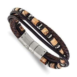 Chisel Stainless Steel Polished Onyx and Picture Jasper Beaded Black and Brown Leather Multi Strand 8 inch Plus .5 inch Extension Bracelet