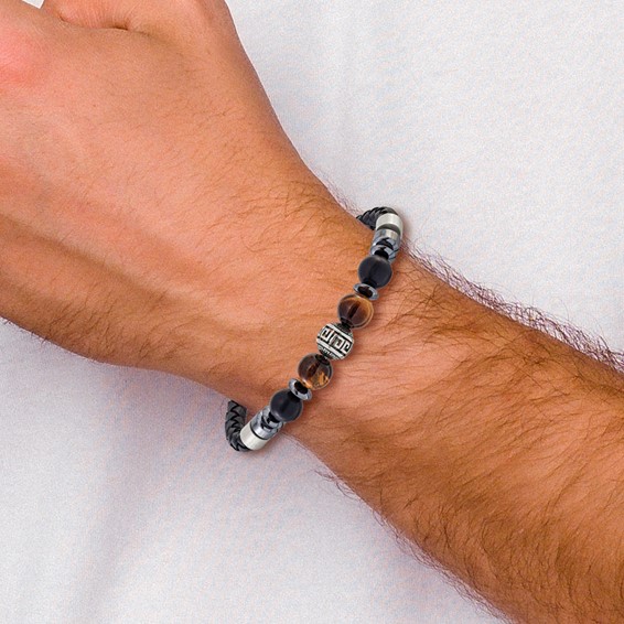 Chisel Stainless Steel Brushed and Polished Onyx and Tiger's Eye Black Leather 8 inch Plus .5 inch Extension Bracelet