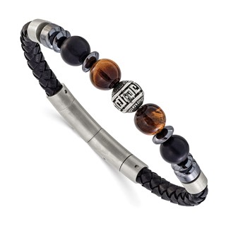 Chisel Stainless Steel Brushed and Polished Onyx and Tiger's Eye Black Leather 8 inch Plus .5 inch Extension Bracelet