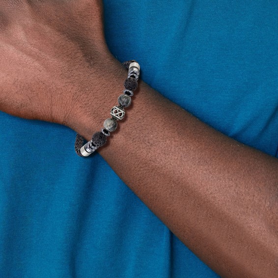 Chisel Stainless Steel Brushed Lava and Tiger's Eye and Hematite Black Leather 8 inch Plus .5 inch Extension Bracelet