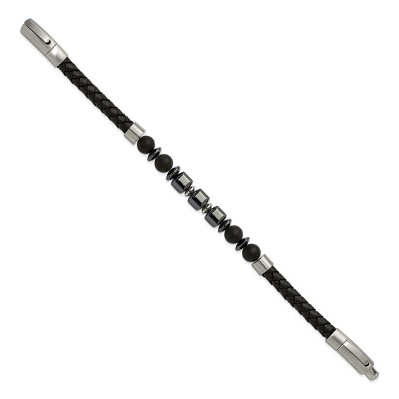 Chisel Stainless Steel Brushed Onyx and Hematite Beaded Black Leather 8 inch Plus .5 inch Extension Bracelet
