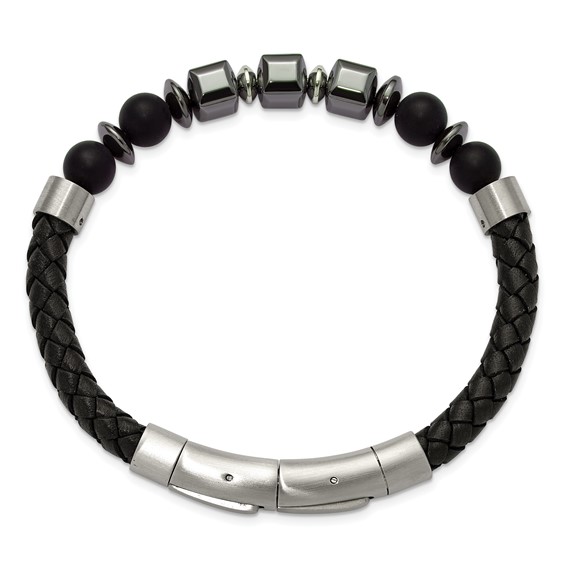 Chisel Stainless Steel Brushed Onyx and Hematite Beaded Black Leather 8 inch Plus .5 inch Extension Bracelet