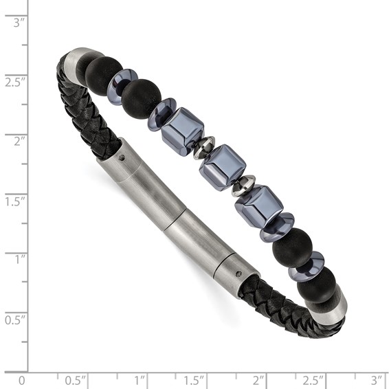 Chisel Stainless Steel Brushed Onyx and Hematite Beaded Black Leather 8 inch Plus .5 inch Extension Bracelet