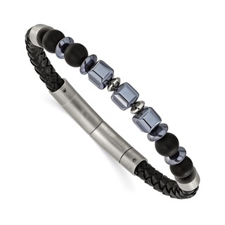 Chisel Stainless Steel Brushed Onyx and Hematite Beaded Black Leather 8 inch Plus .5 inch Extension Bracelet