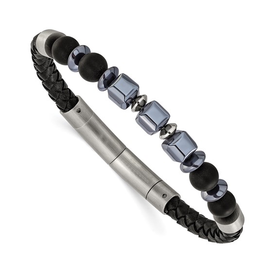 Chisel Stainless Steel Brushed Onyx and Hematite Beaded Black Leather 8 inch Plus .5 inch Extension Bracelet