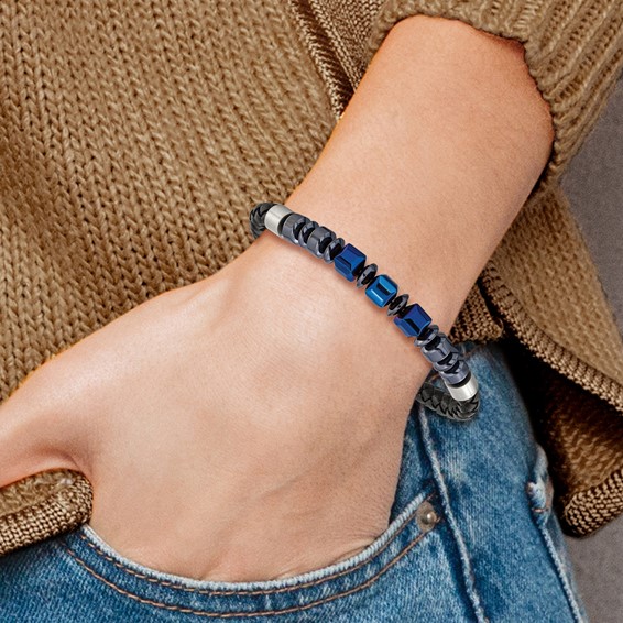 Chisel Stainless Steel Polished Blue-plated Onyx and Hematite Beaded Black Leather 8 inch Plus .5 inch Extension Bracelet