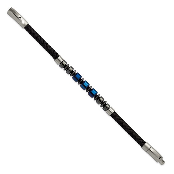 Chisel Stainless Steel Polished Blue-plated Onyx and Hematite Beaded Black Leather 8 inch Plus .5 inch Extension Bracelet