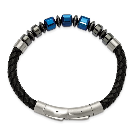 Chisel Stainless Steel Polished Blue-plated Onyx and Hematite Beaded Black Leather 8 inch Plus .5 inch Extension Bracelet