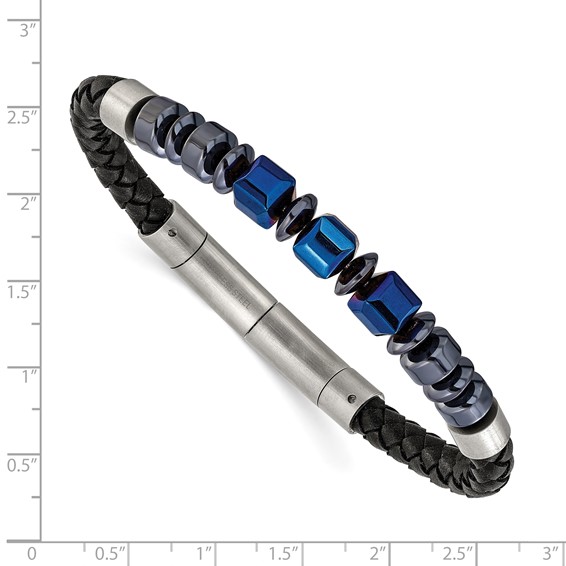 Chisel Stainless Steel Polished Blue-plated Onyx and Hematite Beaded Black Leather 8 inch Plus .5 inch Extension Bracelet