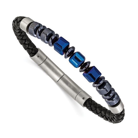 Chisel Stainless Steel Polished Blue-plated Onyx and Hematite Beaded Black Leather 8 inch Plus .5 inch Extension Bracelet