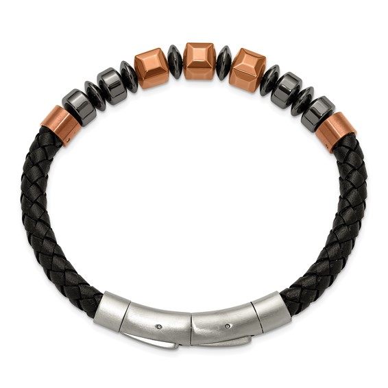 Chisel Stainless Steel Polished Hematite Brown-plated Beaded Black Leather 8 inch Plus .5 inch Extension Bracelet