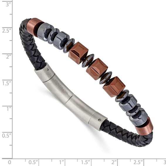 Chisel Stainless Steel Polished Hematite Brown-plated Beaded Black Leather 8 inch Plus .5 inch Extension Bracelet