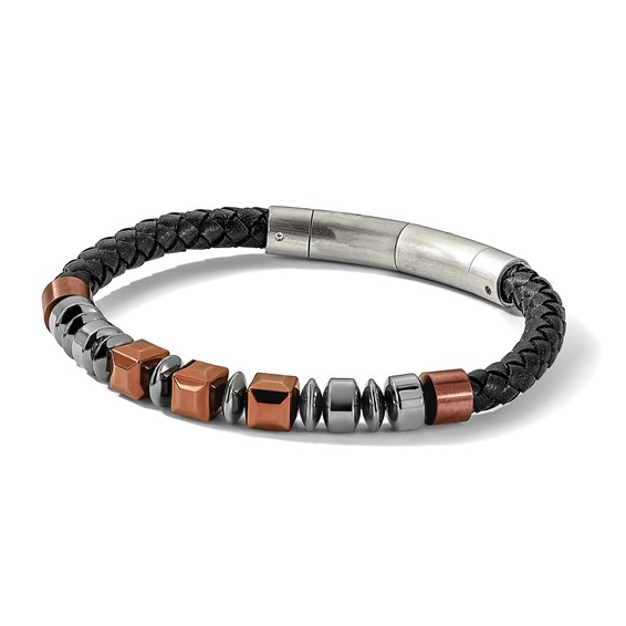 Chisel Stainless Steel Polished Hematite Brown-plated Beaded Black Leather 8 inch Plus .5 inch Extension Bracelet