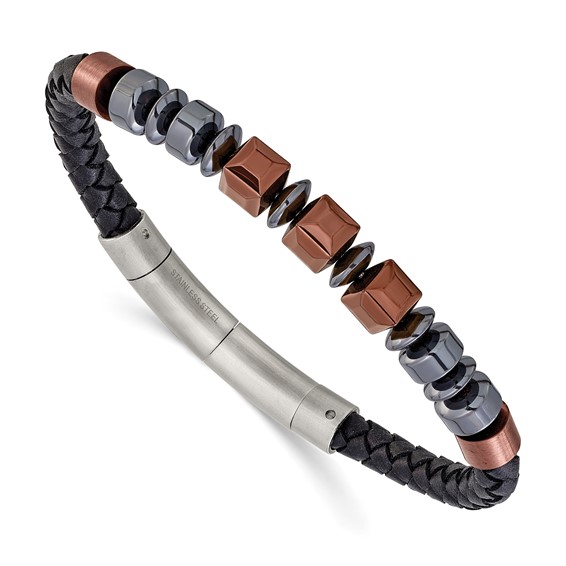 Chisel Stainless Steel Polished Hematite Brown-plated Beaded Black Leather 8 inch Plus .5 inch Extension Bracelet
