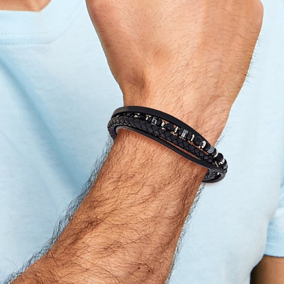 Chisel Stainless Steel Brushed and Polished Onyx and Hematite Beaded Black Leather Multi Strand 8 inch Plus .5 inch Extension Bracelet