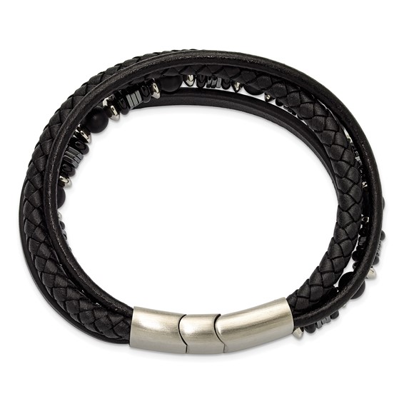 Chisel Stainless Steel Brushed and Polished Onyx and Hematite Beaded Black Leather Multi Strand 8 inch Plus .5 inch Extension Bracelet