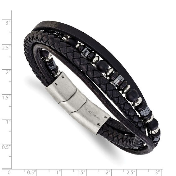 Chisel Stainless Steel Brushed and Polished Onyx and Hematite Beaded Black Leather Multi Strand 8 inch Plus .5 inch Extension Bracelet