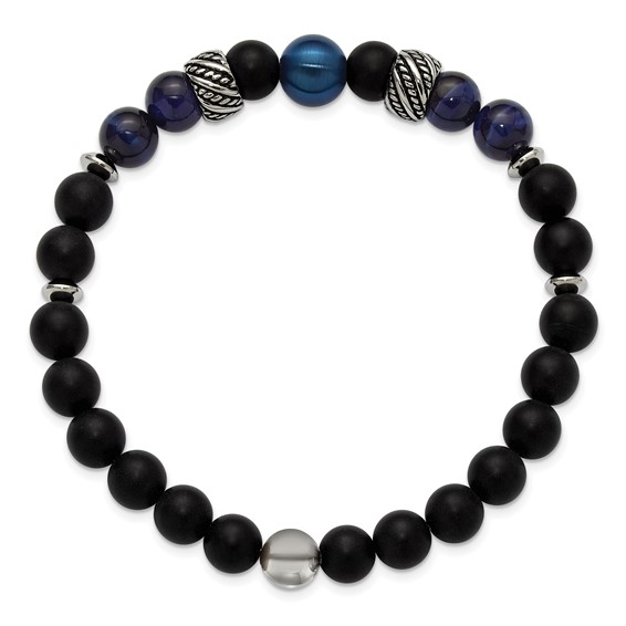 Chisel Stainless Steel Antiqued Blue IP-plated 8mm Tiger's Eye and Black Onyx Beaded 7.5 inch Stretch Bracelet