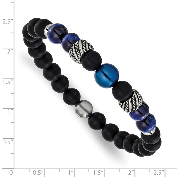 Chisel Stainless Steel Antiqued Blue IP-plated 8mm Tiger's Eye and Black Onyx Beaded 7.5 inch Stretch Bracelet