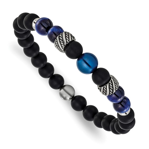 Chisel Stainless Steel Antiqued Blue IP-plated 8mm Tiger's Eye and Black Onyx Beaded 7.5 inch Stretch Bracelet